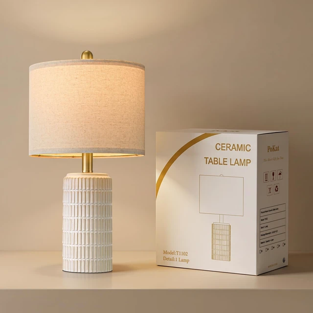 Alt view image 7 of 7 - 21'' Modern Ceramic Table Lamp with Gift Box, White for Bedroom,Small | Bedside Lamps for Nightstands, Gold Pole Design, Farmhouse Home Decor for Living Room, Ideal Housewarming Gift for Women