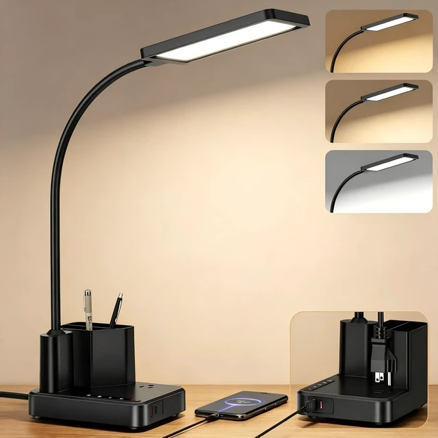 Main image of LED Desk Lamp for Dorm USB A/C Charger Pen Holder 3 Light Modes Black | 3 Color Modes, 3 Brightness, 360° Gooseneck, Touch Control, USB-A/C Ports & Pen Holder for Dorm, Kids Room, Bedroom, Office