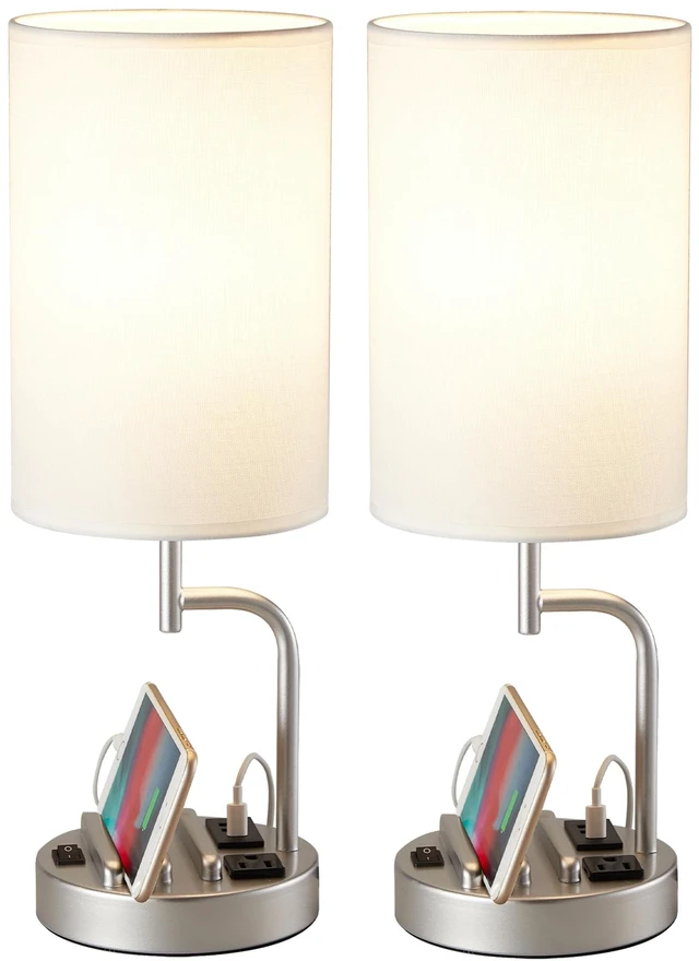 Main image of Table Lamp with 3 USB Charging Ports, Modern Desk Lamp with AC Outlet and Phone Stands, Perfect Bedside Lamp for Bedroom, Living Room, Office (Pack of 2), Silver