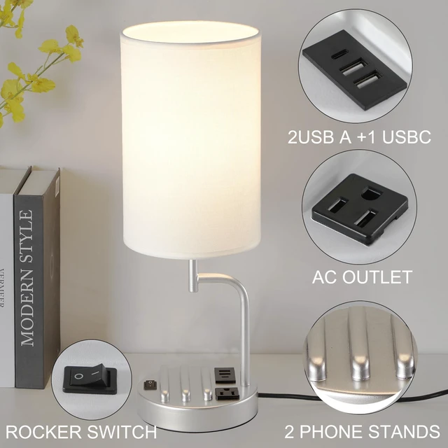 Alt view image 2 of 7 - Table Lamp with 3 USB Charging Ports, Modern Desk Lamp with AC Outlet and Phone Stands, Perfect Bedside Lamp for Bedroom, Living Room, Office (Pack of 2), Silver