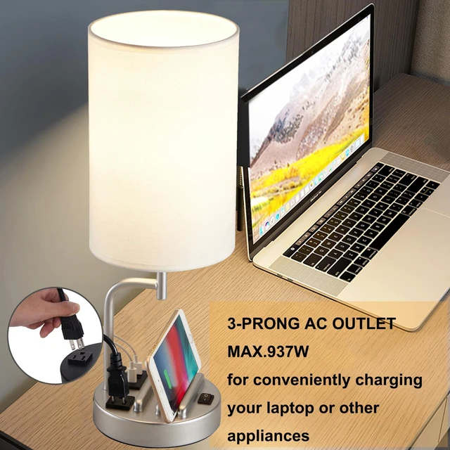 Alt view image 4 of 7 - Table Lamp with 3 USB Charging Ports, Modern Desk Lamp with AC Outlet and Phone Stands, Perfect Bedside Lamp for Bedroom, Living Room, Office (Pack of 2), Silver