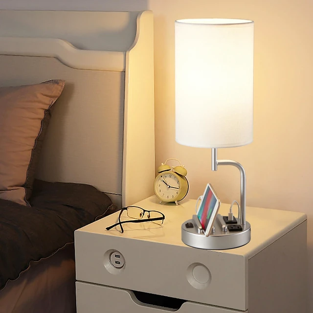 Alt view image 3 of 7 - Table Lamp with 3 USB Charging Ports, Modern Desk Lamp with AC Outlet and Phone Stands, Perfect Bedside Lamp for Bedroom, Living Room, Office (Pack of 2), Silver