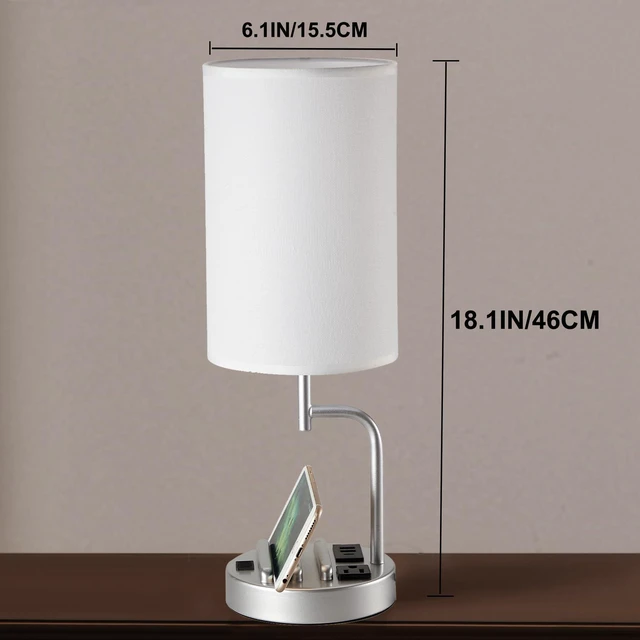 Alt view image 5 of 7 - Table Lamp with 3 USB Charging Ports, Modern Desk Lamp with AC Outlet and Phone Stands, Perfect Bedside Lamp for Bedroom, Living Room, Office (Pack of 2), Silver