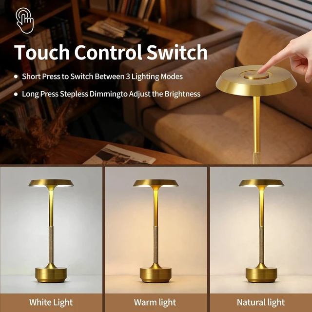 Alt view image 2 of 7 - 2 Pack Rechargeable Cordless Table Lamp, 5000mAh Battery LED Table Light | 3 Color Temperature Stepless Dimming Touch Control, Portable Wireless Gold Lamp for Restaurant, Bedroom, Camping, Nightlight