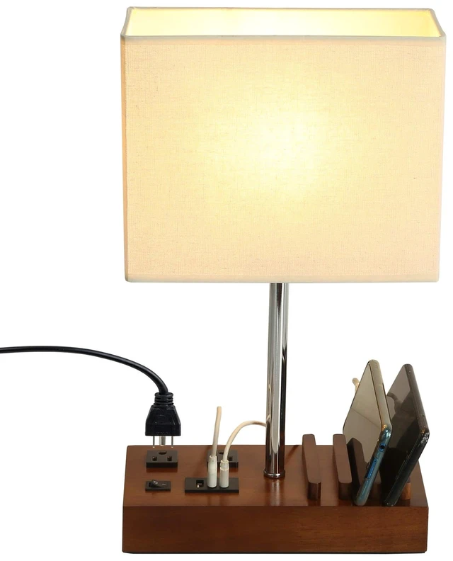 Main image of USB Table Lamp, Multi-Functional Desk Lamp with 2 AC Outlets, Bedside Lamp with 3 USB Charging Ports and Wooden Phone Stands, Nightstand Lamp for Bedroom, Livingroom, Office, Walnut Wood