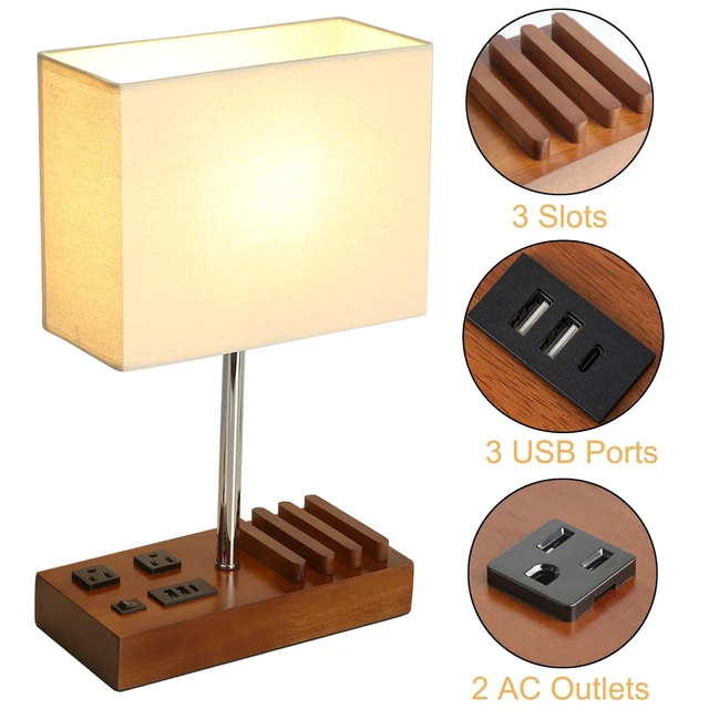 Alt view image 2 of 7 - USB Table Lamp, Multi-Functional Desk Lamp with 2 AC Outlets, Bedside Lamp with 3 USB Charging Ports and Wooden Phone Stands, Nightstand Lamp for Bedroom, Livingroom, Office, Walnut Wood