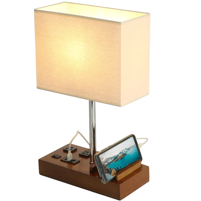 Alt view image 3 of 7 - USB Table Lamp, Multi-Functional Desk Lamp with 2 AC Outlets, Bedside Lamp with 3 USB Charging Ports and Wooden Phone Stands, Nightstand Lamp for Bedroom, Livingroom, Office, Walnut Wood