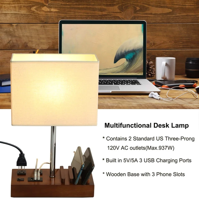 Alt view image 4 of 7 - USB Table Lamp, Multi-Functional Desk Lamp with 2 AC Outlets, Bedside Lamp with 3 USB Charging Ports and Wooden Phone Stands, Nightstand Lamp for Bedroom, Livingroom, Office, Walnut Wood