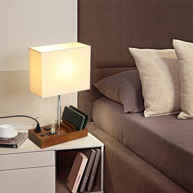 Alt view image 5 of 7 - USB Table Lamp, Multi-Functional Desk Lamp with 2 AC Outlets, Bedside Lamp with 3 USB Charging Ports and Wooden Phone Stands, Nightstand Lamp for Bedroom, Livingroom, Office, Walnut Wood