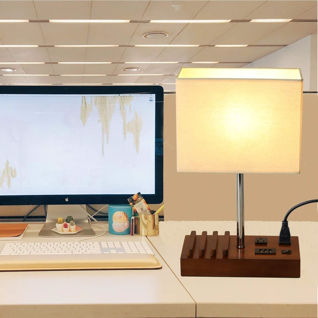 Alt view image 6 of 7 - USB Table Lamp, Multi-Functional Desk Lamp with 2 AC Outlets, Bedside Lamp with 3 USB Charging Ports and Wooden Phone Stands, Nightstand Lamp for Bedroom, Livingroom, Office, Walnut Wood