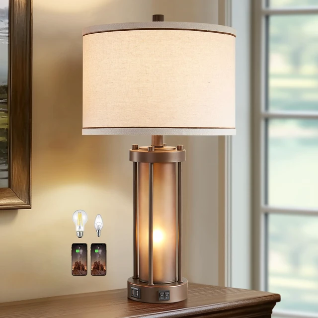 Alt view image 2 of 7 - Farmhouse Table Lamps for Living Room with USB C+A Ports | Vintage Rustic Nightstand Lamp with Amber Glass Nightlight, Retro Desk Lamp for Bedroom Entryway, Study, 2 Bulbs Included