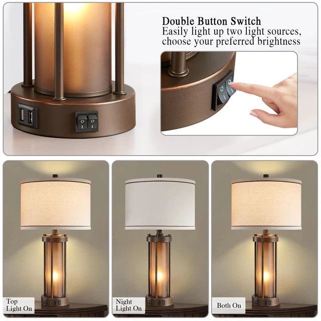 Alt view image 3 of 7 - Farmhouse Table Lamps for Living Room with USB C+A Ports | Vintage Rustic Nightstand Lamp with Amber Glass Nightlight, Retro Desk Lamp for Bedroom Entryway, Study, 2 Bulbs Included
