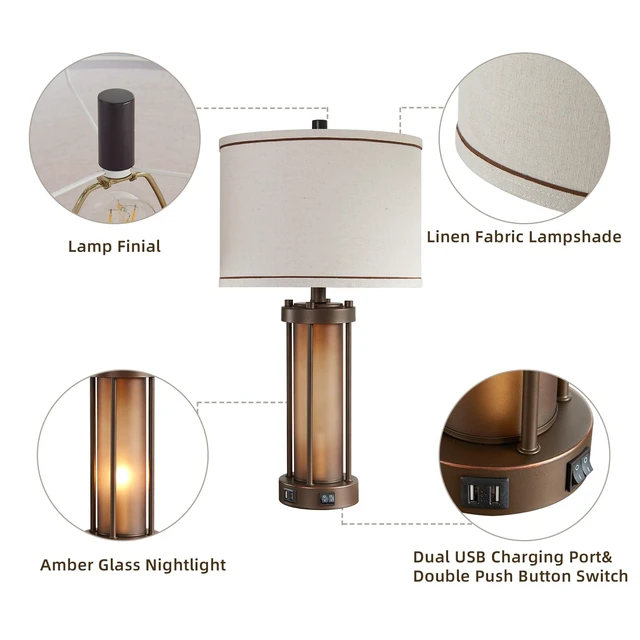 Alt view image 5 of 7 - Farmhouse Table Lamps for Living Room with USB C+A Ports | Vintage Rustic Nightstand Lamp with Amber Glass Nightlight, Retro Desk Lamp for Bedroom Entryway, Study, 2 Bulbs Included