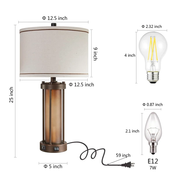 Alt view image 6 of 7 - Farmhouse Table Lamps for Living Room with USB C+A Ports | Vintage Rustic Nightstand Lamp with Amber Glass Nightlight, Retro Desk Lamp for Bedroom Entryway, Study, 2 Bulbs Included