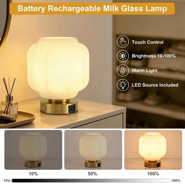 Alt view image 2 of 7 - Rechargeable Table Lamp, Cordless Milk Glass Bedside Lamp Small | 4000mAh Battery with Charging Station, Pumpkin Touch Stepless Dimming, for Bedside Bedroom Living Room, Bulb Included, 1 Pack