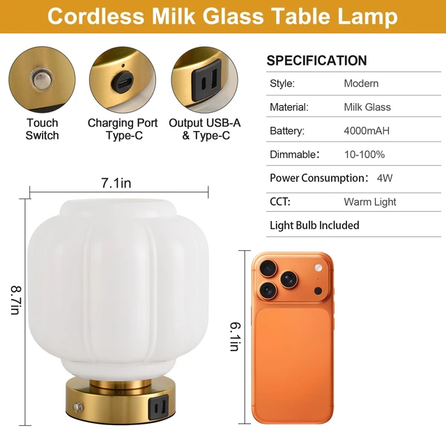 Alt view image 3 of 7 - Rechargeable Table Lamp, Cordless Milk Glass Bedside Lamp Small | 4000mAh Battery with Charging Station, Pumpkin Touch Stepless Dimming, for Bedside Bedroom Living Room, Bulb Included, 1 Pack