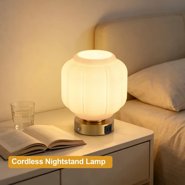 Alt view image 4 of 7 - Rechargeable Table Lamp, Cordless Milk Glass Bedside Lamp Small | 4000mAh Battery with Charging Station, Pumpkin Touch Stepless Dimming, for Bedside Bedroom Living Room, Bulb Included, 1 Pack