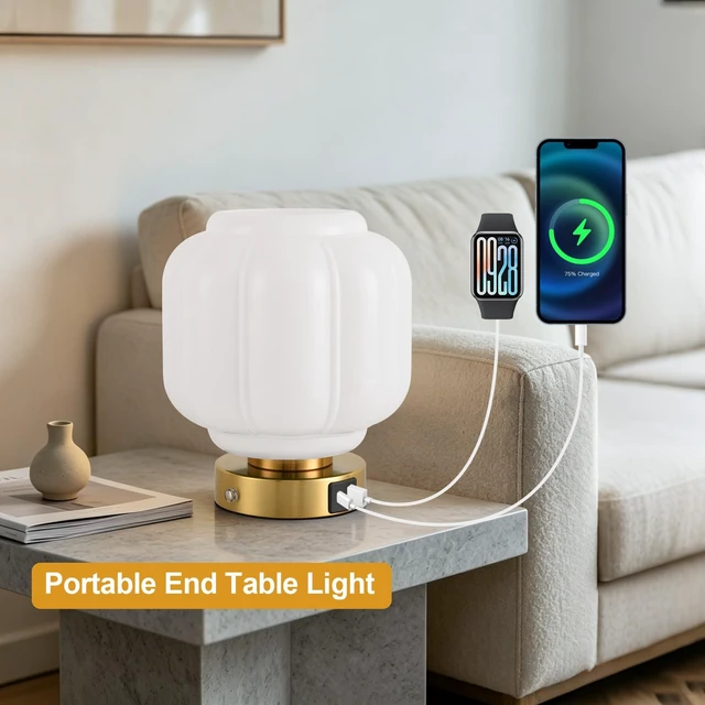 Alt view image 5 of 7 - Rechargeable Table Lamp, Cordless Milk Glass Bedside Lamp Small | 4000mAh Battery with Charging Station, Pumpkin Touch Stepless Dimming, for Bedside Bedroom Living Room, Bulb Included, 1 Pack