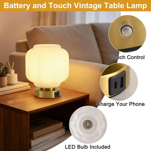 Alt view image 7 of 7 - Rechargeable Table Lamp, Cordless Milk Glass Bedside Lamp Small | 4000mAh Battery with Charging Station, Pumpkin Touch Stepless Dimming, for Bedside Bedroom Living Room, Bulb Included, 1 Pack