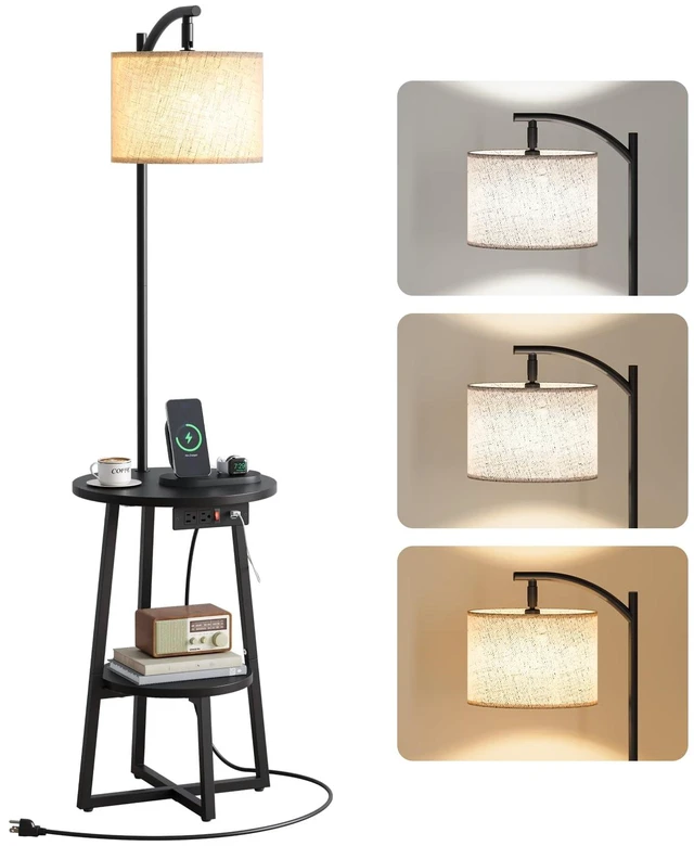 Main image of Floor Lamp with Table - Farmhouse Night Stand with Charging Station | Side Table with Floor Lamps for Living Room, Bedroom, End Table with Lamp Attached 3 Color Temperatures Bulb, 2 Tier Shelves