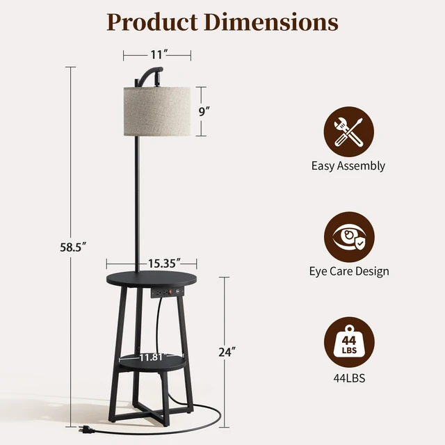Alt view image 2 of 7 - Floor Lamp with Table - Farmhouse Night Stand with Charging Station | Side Table with Floor Lamps for Living Room, Bedroom, End Table with Lamp Attached 3 Color Temperatures Bulb, 2 Tier Shelves