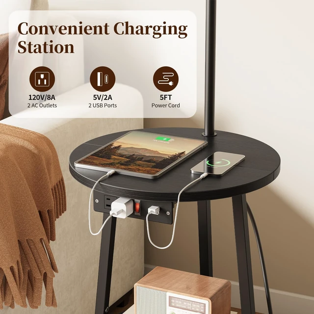 Alt view image 3 of 7 - Floor Lamp with Table - Farmhouse Night Stand with Charging Station | Side Table with Floor Lamps for Living Room, Bedroom, End Table with Lamp Attached 3 Color Temperatures Bulb, 2 Tier Shelves