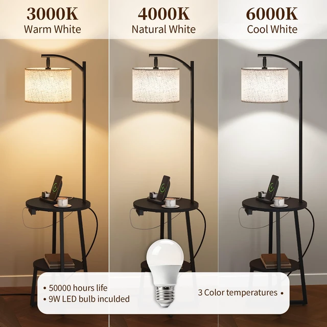Alt view image 4 of 7 - Floor Lamp with Table - Farmhouse Night Stand with Charging Station | Side Table with Floor Lamps for Living Room, Bedroom, End Table with Lamp Attached 3 Color Temperatures Bulb, 2 Tier Shelves