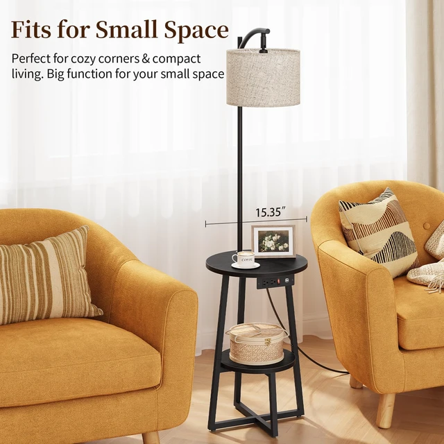 Alt view image 7 of 7 - Floor Lamp with Table - Farmhouse Night Stand with Charging Station | Side Table with Floor Lamps for Living Room, Bedroom, End Table with Lamp Attached 3 Color Temperatures Bulb, 2 Tier Shelves