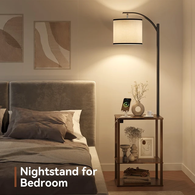 Alt view image 7 of 7 - Floor Lamp with Table Shelves, End Side Table for Living Room | USB & AC Charging Stations, 3 Color Temperature 9W LED Bulb, Adjustable Shade, Modern Nightstand Lamps for Bedroom Office