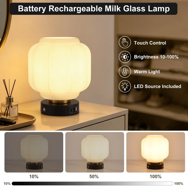 Alt view image 2 of 7 - Rechargeable Table Lamp, Cordless Milk Glass Bedside Lamp Small | 4000mAh Battery with Charging Station, Pumpkin Touch Stepless Dimming, for Bedside Bedroom Living Room, Bulb Included, 1 Pack