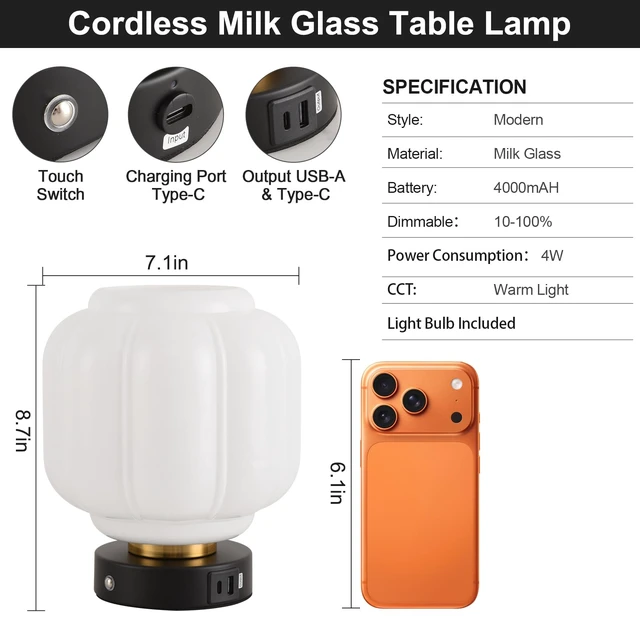 Alt view image 3 of 7 - Rechargeable Table Lamp, Cordless Milk Glass Bedside Lamp Small | 4000mAh Battery with Charging Station, Pumpkin Touch Stepless Dimming, for Bedside Bedroom Living Room, Bulb Included, 1 Pack