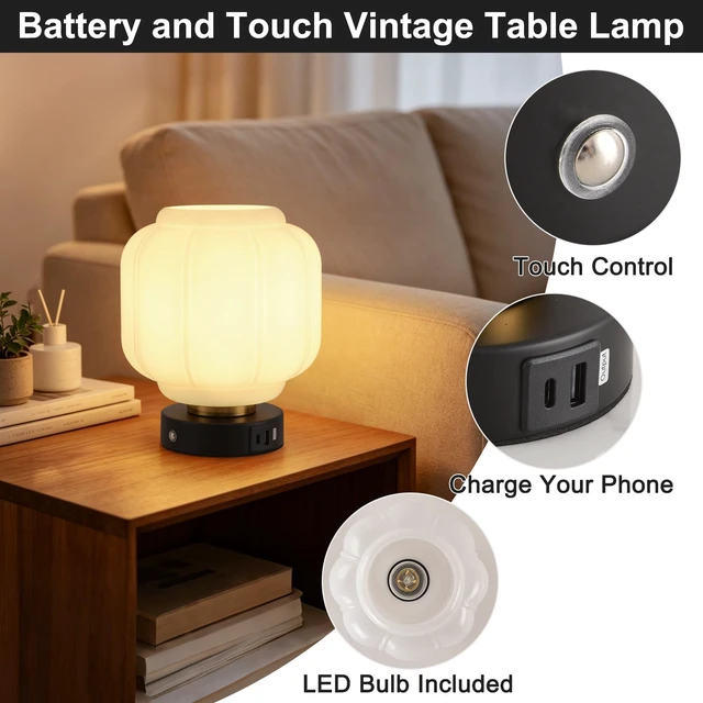 Alt view image 7 of 7 - Rechargeable Table Lamp, Cordless Milk Glass Bedside Lamp Small | 4000mAh Battery with Charging Station, Pumpkin Touch Stepless Dimming, for Bedside Bedroom Living Room, Bulb Included, 1 Pack