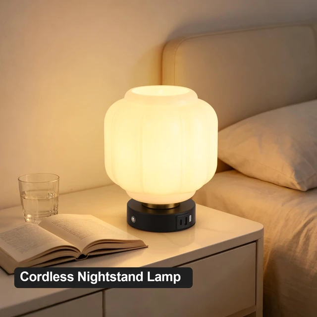 Alt view image 5 of 7 - Rechargeable Table Lamp, Cordless Milk Glass Bedside Lamp Small | 4000mAh Battery with Charging Station, Pumpkin Touch Stepless Dimming, for Bedside Bedroom Living Room, Bulb Included, 1 Pack