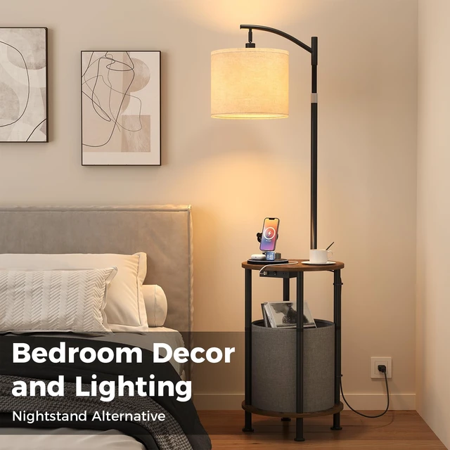 Alt view image 2 of 7 - Floor Lamp with Table,Nightstand with Charging Station Living Room | Lamp with Storage Basket,Type-C & USB Charging, 3-Color LED Bulb, Adjustable Head & Height, Easy Assembly for Bedroom