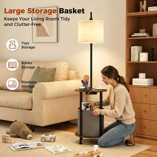 Alt view image 4 of 7 - Floor Lamp with Table,Nightstand with Charging Station Living Room | Lamp with Storage Basket,Type-C & USB Charging, 3-Color LED Bulb, Adjustable Head & Height, Easy Assembly for Bedroom
