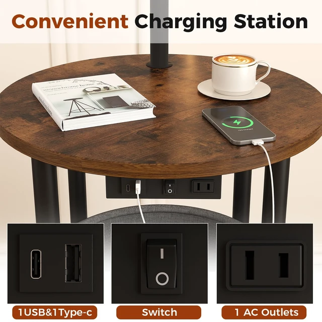 Alt view image 5 of 7 - Floor Lamp with Table,Nightstand with Charging Station Living Room | Lamp with Storage Basket,Type-C & USB Charging, 3-Color LED Bulb, Adjustable Head & Height, Easy Assembly for Bedroom