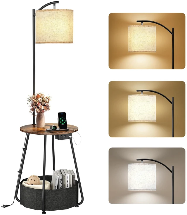 Main image of Floor Lamp with Table, End Table with Charging Station(USB & Type-C & AC Port), Round SideTable with Fabric Basket, 3 Color Temperatures 9W LED Bulb, Modern Nightstand for Bedroom, Living Room