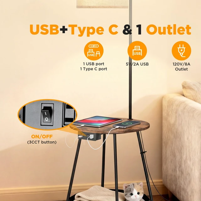 Alt view image 2 of 7 - Floor Lamp with Table, End Table with Charging Station(USB & Type-C & AC Port), Round SideTable with Fabric Basket, 3 Color Temperatures 9W LED Bulb, Modern Nightstand for Bedroom, Living Room