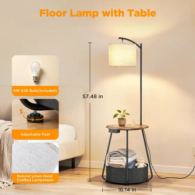 Alt view image 4 of 7 - Floor Lamp with Table, End Table with Charging Station(USB & Type-C & AC Port), Round SideTable with Fabric Basket, 3 Color Temperatures 9W LED Bulb, Modern Nightstand for Bedroom, Living Room