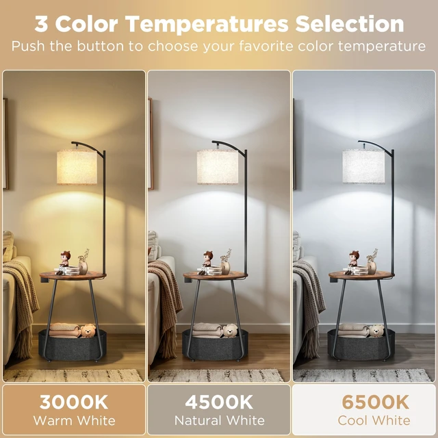 Alt view image 3 of 7 - Floor Lamp with Table, End Table with Charging Station(USB & Type-C & AC Port), Round SideTable with Fabric Basket, 3 Color Temperatures 9W LED Bulb, Modern Nightstand for Bedroom, Living Room