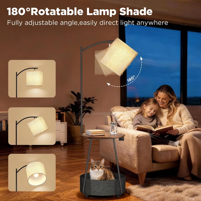 Alt view image 5 of 7 - Floor Lamp with Table, End Table with Charging Station(USB & Type-C & AC Port), Round SideTable with Fabric Basket, 3 Color Temperatures 9W LED Bulb, Modern Nightstand for Bedroom, Living Room