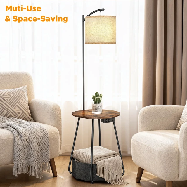 Alt view image 6 of 7 - Floor Lamp with Table, End Table with Charging Station(USB & Type-C & AC Port), Round SideTable with Fabric Basket, 3 Color Temperatures 9W LED Bulb, Modern Nightstand for Bedroom, Living Room