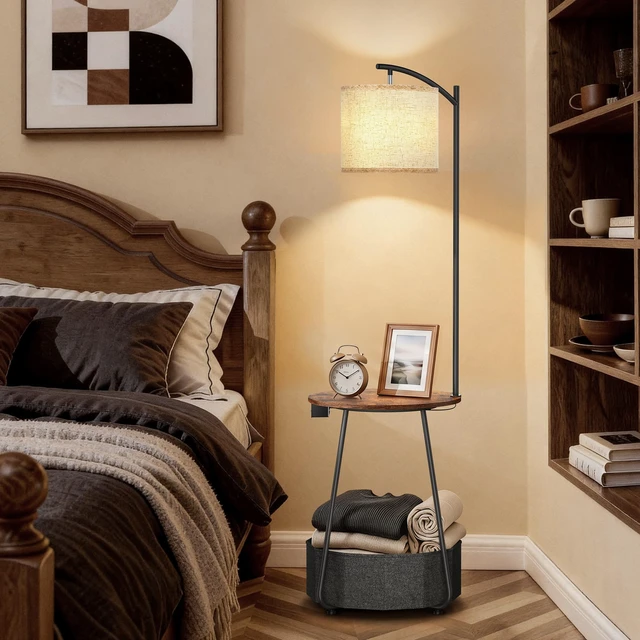 Alt view image 7 of 7 - Floor Lamp with Table, End Table with Charging Station(USB & Type-C & AC Port), Round SideTable with Fabric Basket, 3 Color Temperatures 9W LED Bulb, Modern Nightstand for Bedroom, Living Room