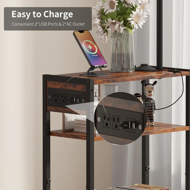 Alt view image 3 of 7 - Floor Lamp with Table & Storage Baskets, End Table with 3 Color Temperatures LED Bulb, Nightstand with Charging Station, Shelves Side Table for Living Room, Bedroom, Office - Brown
