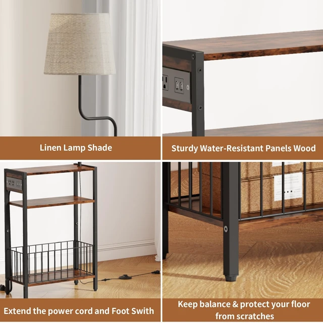 Alt view image 5 of 7 - Floor Lamp with Table & Storage Baskets, End Table with 3 Color Temperatures LED Bulb, Nightstand with Charging Station, Shelves Side Table for Living Room, Bedroom, Office - Brown