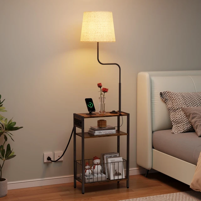 Alt view image 7 of 7 - Floor Lamp with Table & Storage Baskets, End Table with 3 Color Temperatures LED Bulb, Nightstand with Charging Station, Shelves Side Table for Living Room, Bedroom, Office - Brown