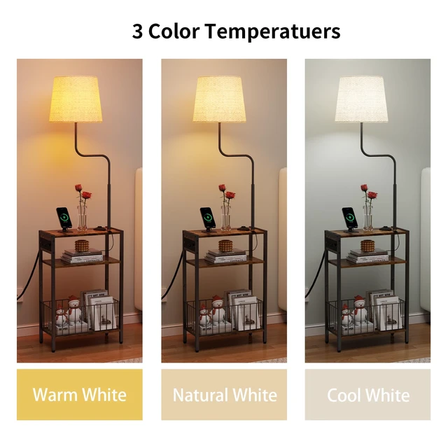 Alt view image 2 of 7 - Floor Lamp with Table & Storage Baskets, End Table with 3 Color Temperatures LED Bulb, Nightstand with Charging Station, Shelves Side Table for Living Room, Bedroom, Office - Brown