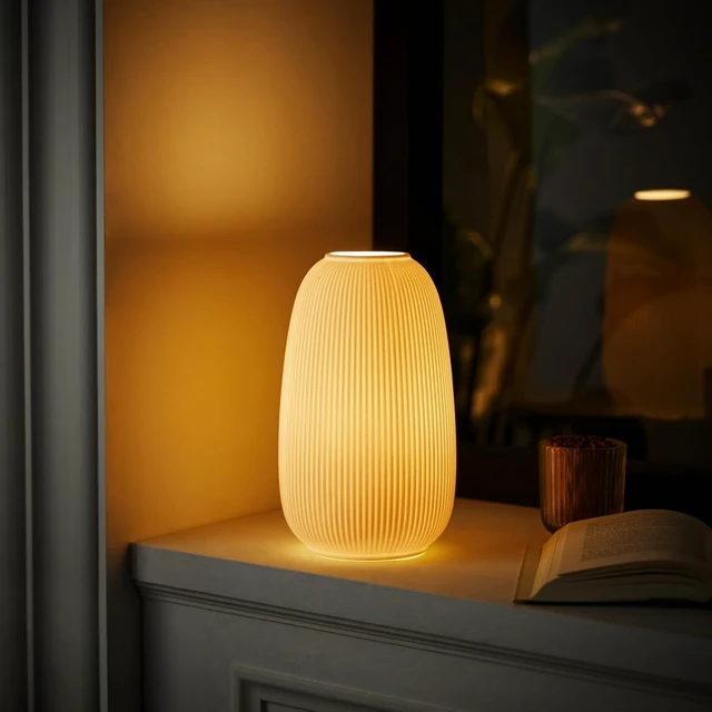 Alt view image 2 of 6 - Modern Ceramic Decorative Table Lamp Living Room Bedroom Bedside | Handcrafted Unique Warm Ambient Lighting Lamp, Accent White Translucent Ceramic shade, Fully Dimmable, Corded, Bulb Included