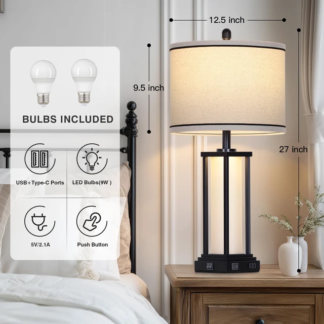 Alt view image 2 of 7 - 27inch Tall Bedside Table Lamps with Charging Ports for Living Room,Traditional Lamp with Night Light for Bedroom Nightstand,Single Black