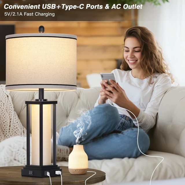 Alt view image 3 of 7 - 27inch Tall Bedside Table Lamps with Charging Ports for Living Room,Traditional Lamp with Night Light for Bedroom Nightstand,Single Black